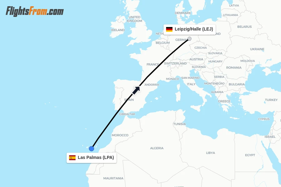 Flights from Las Palmas to Leipzig/Halle route map