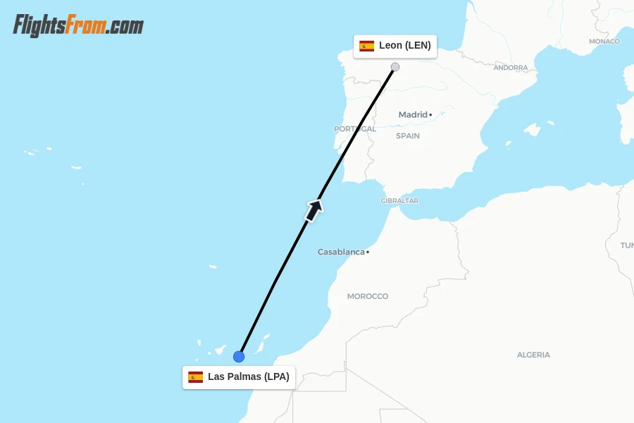 Flights from Las Palmas to Leon route map