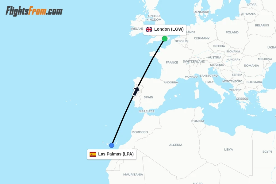 Flights from Las Palmas to London route map