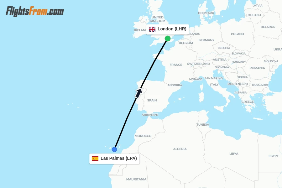 Flights from Las Palmas to London route map