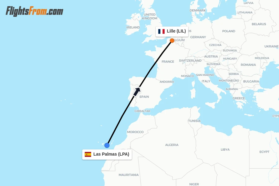 Flights from Las Palmas to Lille route map
