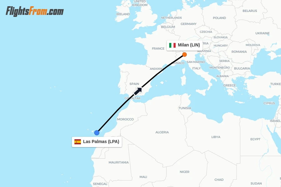 Flights from Las Palmas to Milan route map