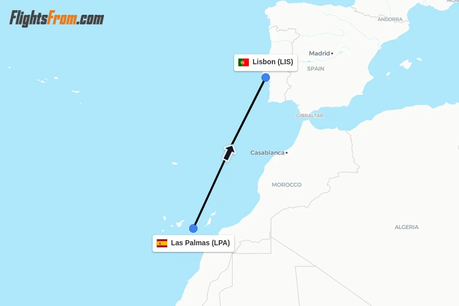 Flights from Las Palmas to Lisbon route map