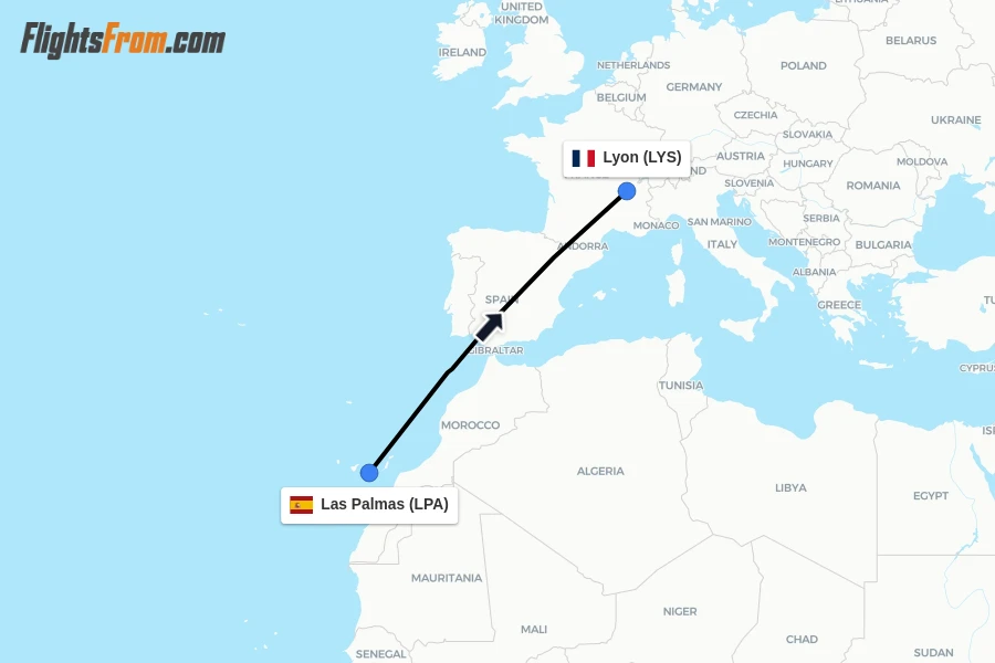 Flights from Las Palmas to Lyon route map