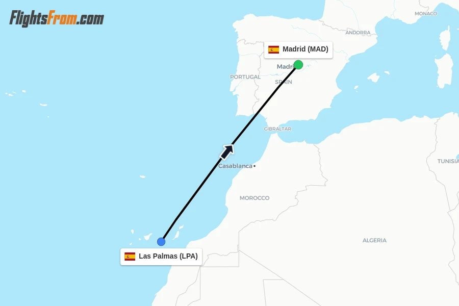 Flights from Las Palmas to Madrid route map