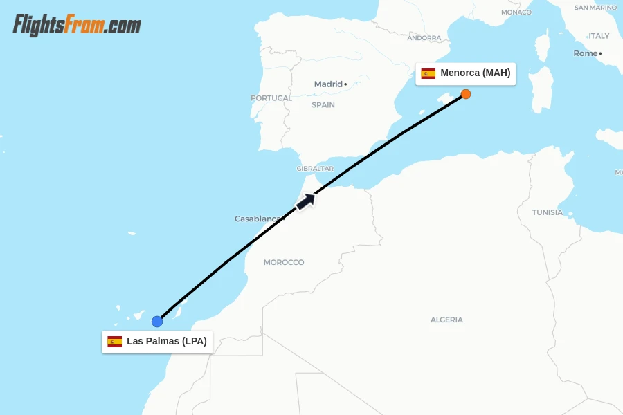 Flights from Las Palmas to Menorca route map