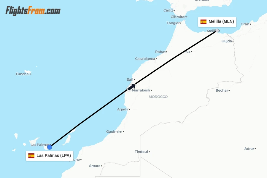 Flights from Las Palmas to Melilla route map