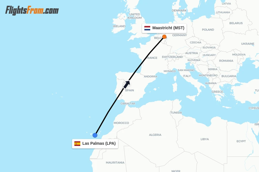 Flights from Las Palmas to Maastricht route map