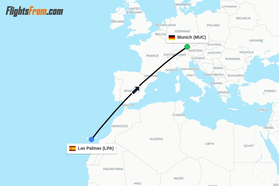Flights from Las Palmas to Munich route map