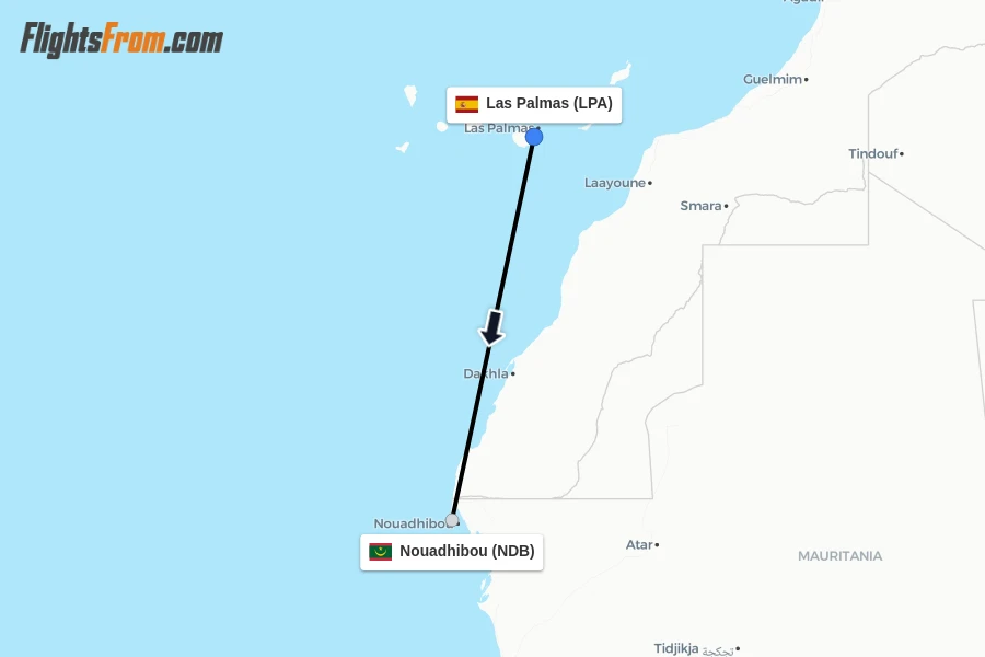 Flights from Las Palmas to Nouadhibou route map