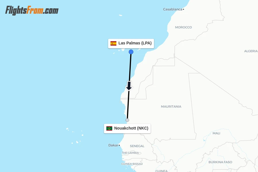 Flights from Las Palmas to Nouakchott route map