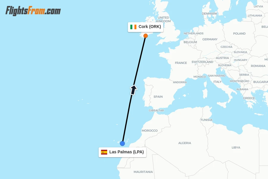 Flights from Las Palmas to Cork route map