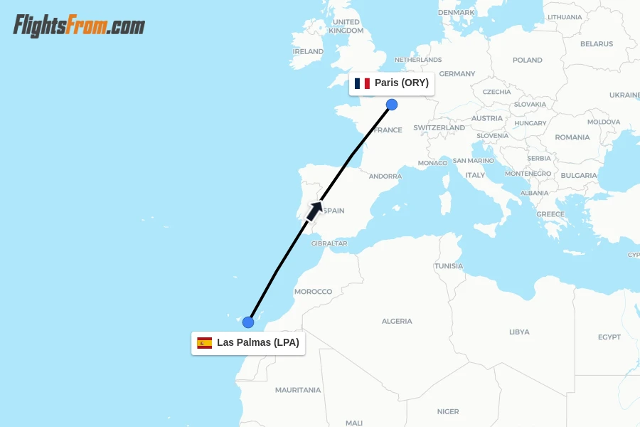 Flights from Las Palmas to Paris route map