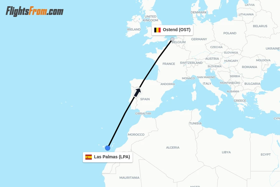 Flights from Las Palmas to Ostend route map
