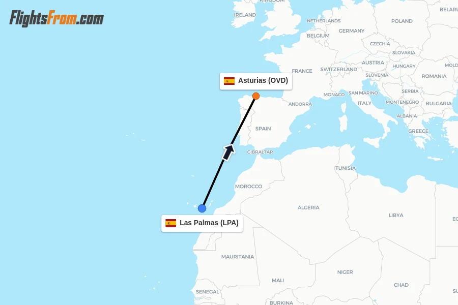 Flights from Las Palmas to Asturias route map
