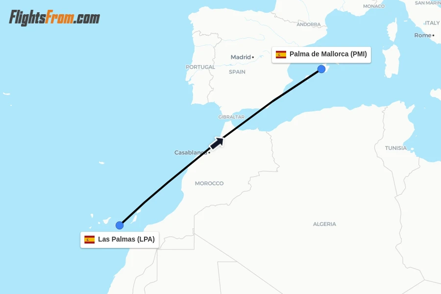 Flights from Las Palmas to Palma de Mallorca route map