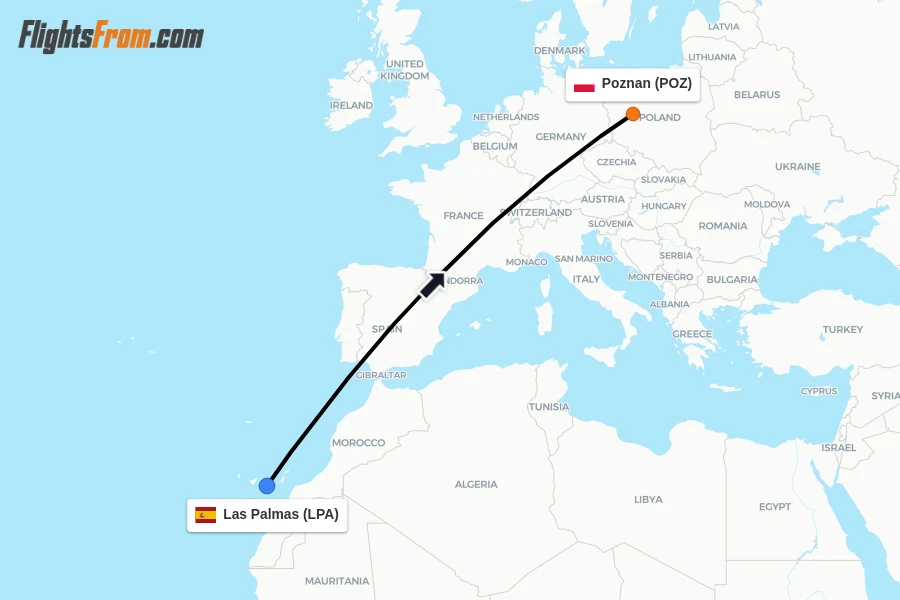 Flights from Las Palmas to Poznan route map