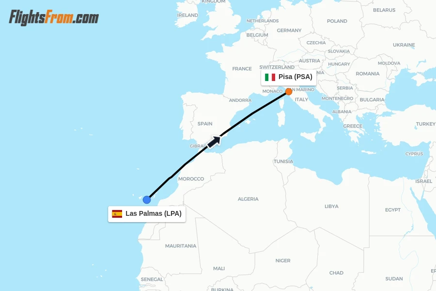 Flights from Las Palmas to Pisa route map