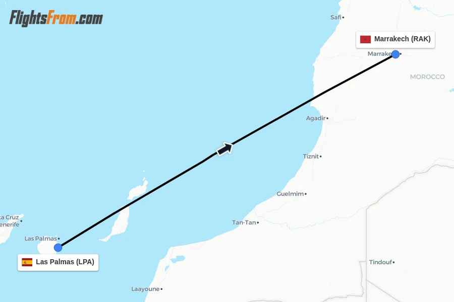 Flights from Las Palmas to Marrakech route map