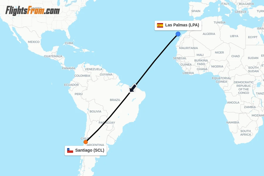 Flights from Las Palmas to Santiago route map