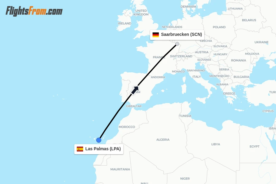 Flights from Las Palmas to Saarbruecken route map