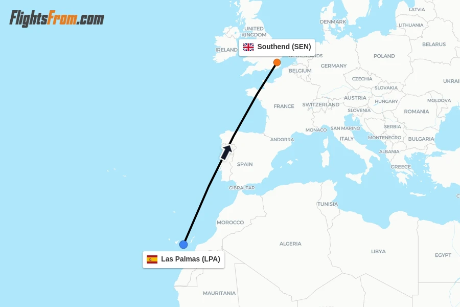 Flights from Las Palmas to Southend route map