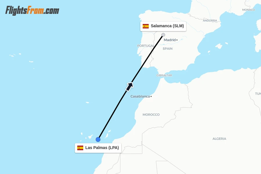 Flights from Las Palmas to Salamanca route map