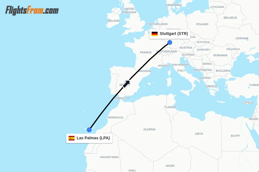 Flights from Las Palmas to Stuttgart route map