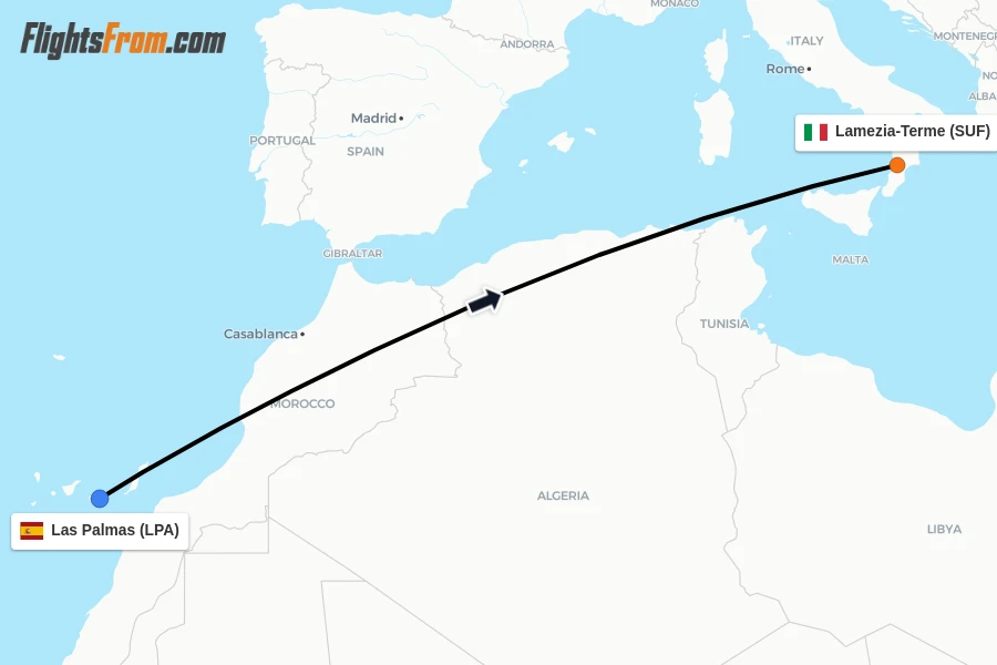 Flights from Las Palmas to Lamezia-Terme route map