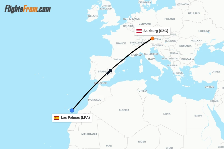 Flights from Las Palmas to Salzburg route map