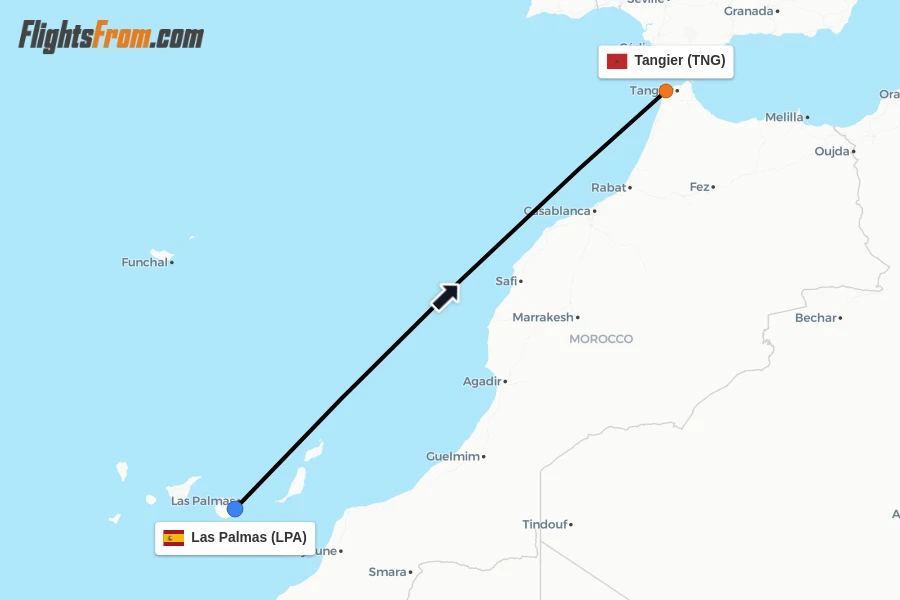 Flights from Las Palmas to Tangier route map