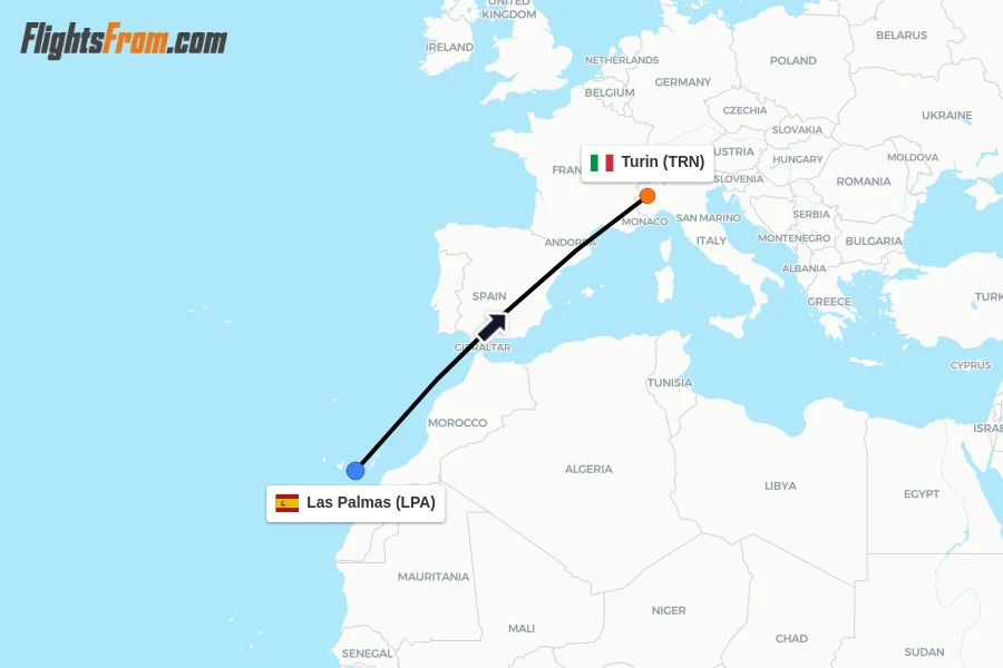 Flights from Las Palmas to Turin route map