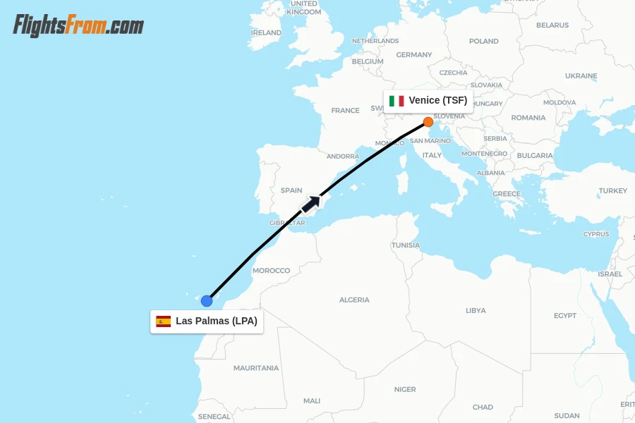 Flights from Las Palmas to Venice route map