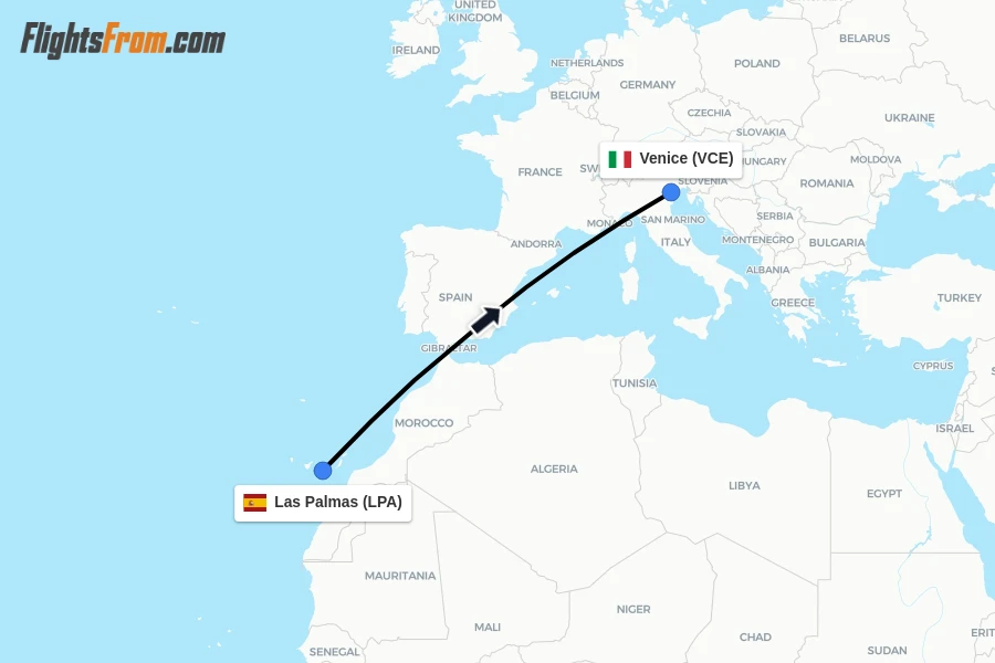 Flights from Las Palmas to Venice route map