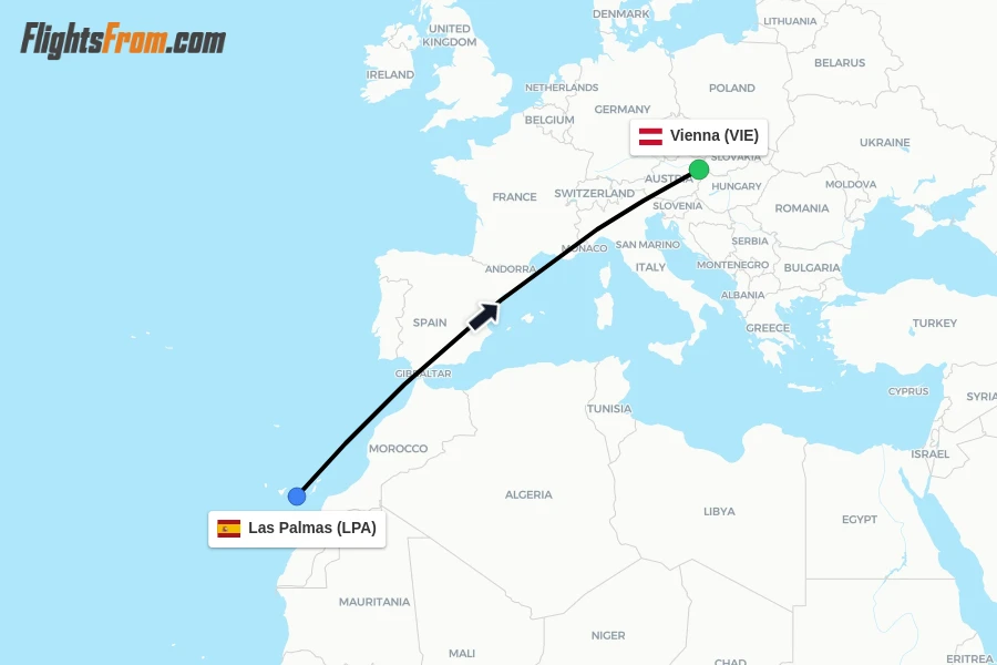 Flights from Las Palmas to Vienna route map
