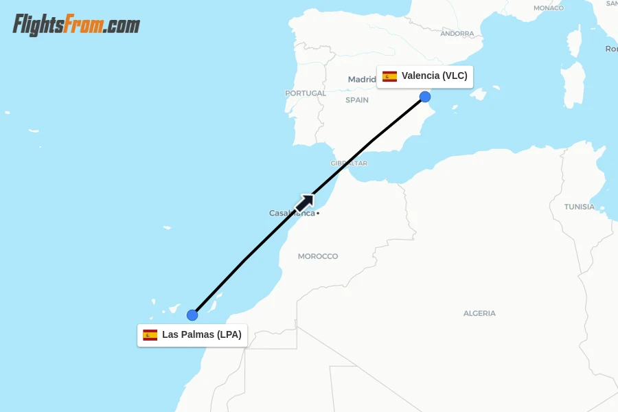 Flights from Las Palmas to Valencia route map