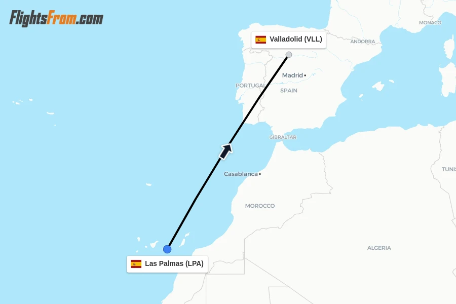 Flights from Las Palmas to Valladolid route map