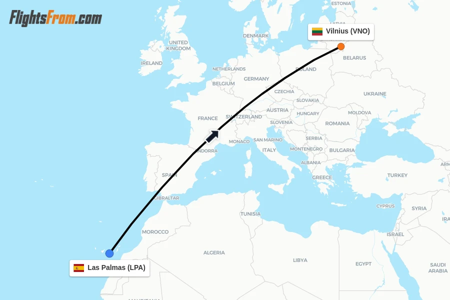 Flights from Las Palmas to Vilnius route map