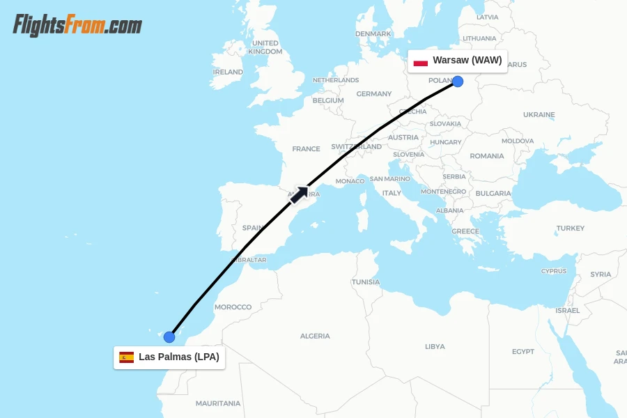 Flights from Las Palmas to Warsaw route map