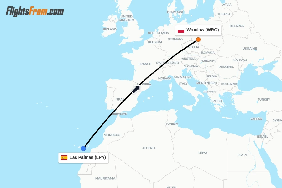 Flights from Las Palmas to Wroclaw route map