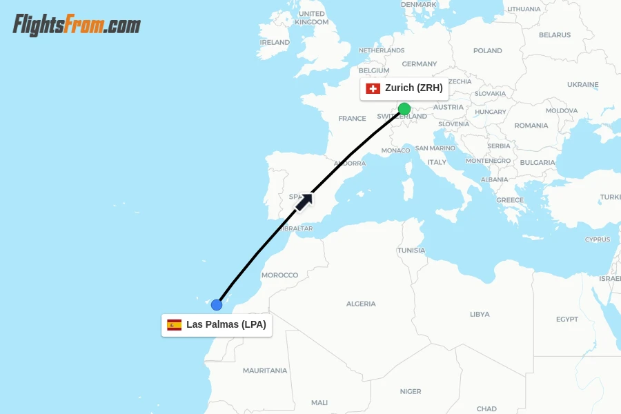 Flights from Las Palmas to Zurich route map