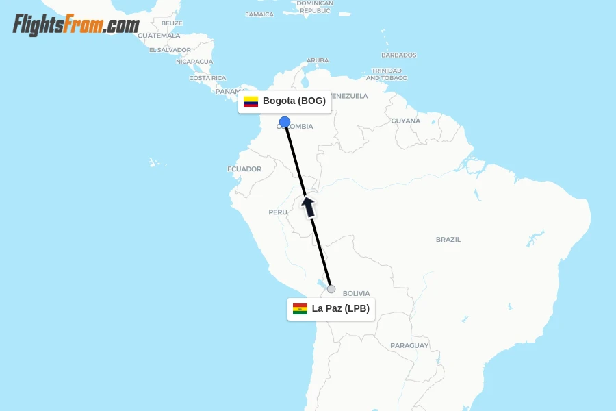 Flights from La Paz to Bogota route map