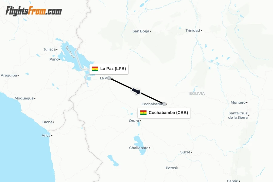 Flights from La Paz to Cochabamba route map