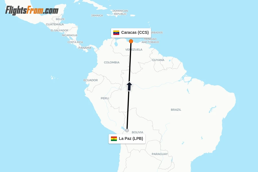 Flights from La Paz to Caracas route map