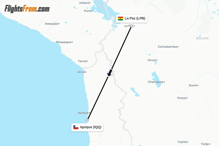 Flights from La Paz to Iquique route map