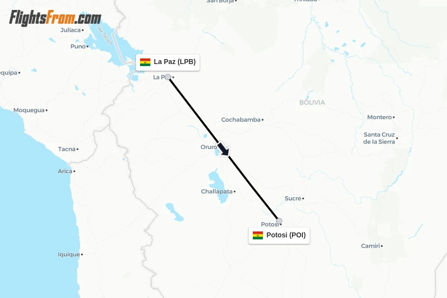 Flights from La Paz to Potosi route map