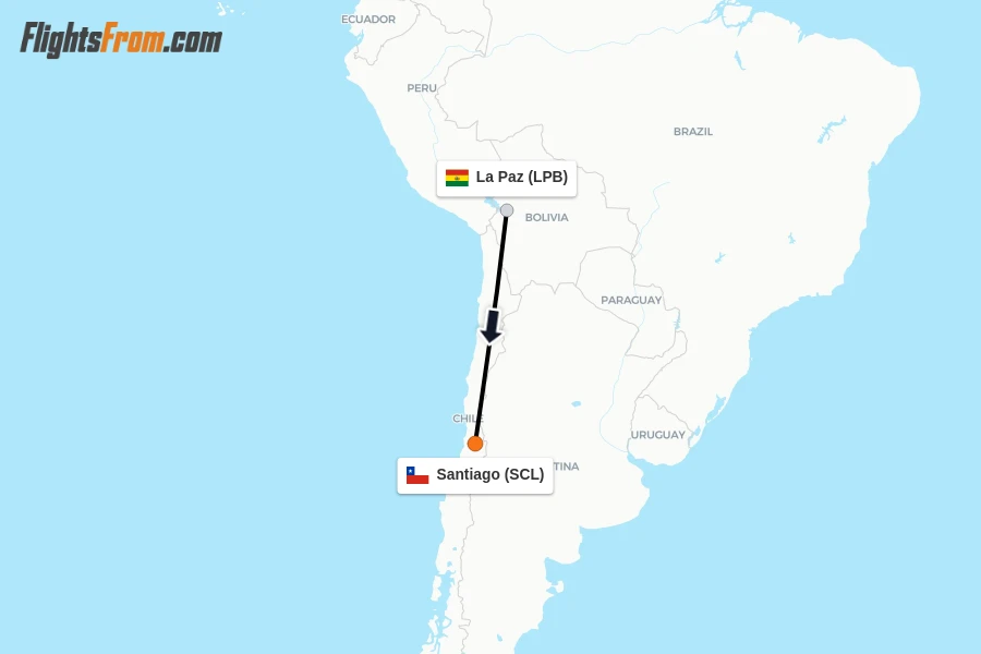 Flights from La Paz to Santiago route map