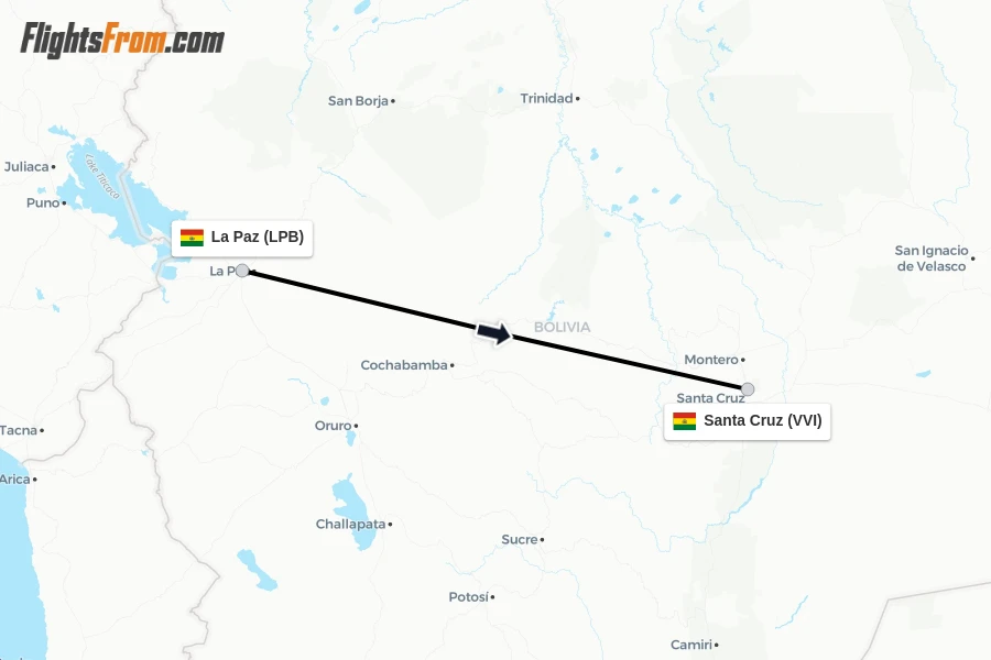 Flights from La Paz to Santa Cruz route map