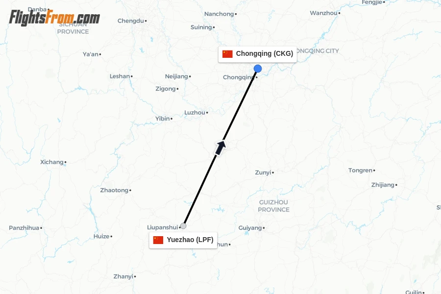 Flights from Yuezhao to Chongqing route map