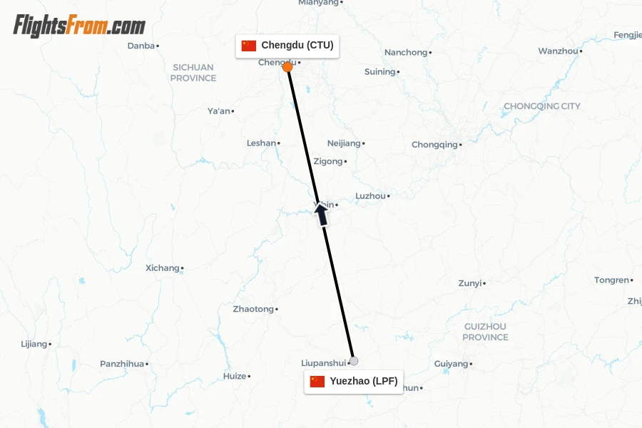 Flights from Yuezhao to Chengdu route map